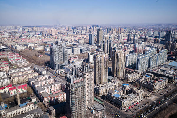 Municipality, view from sky of a city with high buildings and large avenues.